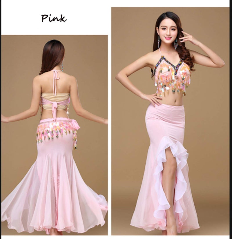 ORIDOOR Women's Belly Dance Dress Halloween Costume Belly Dance Crop Top Bra Top and Belt Chiffon Dancing Skirts 3-Piece Outfit Pink - Image 3